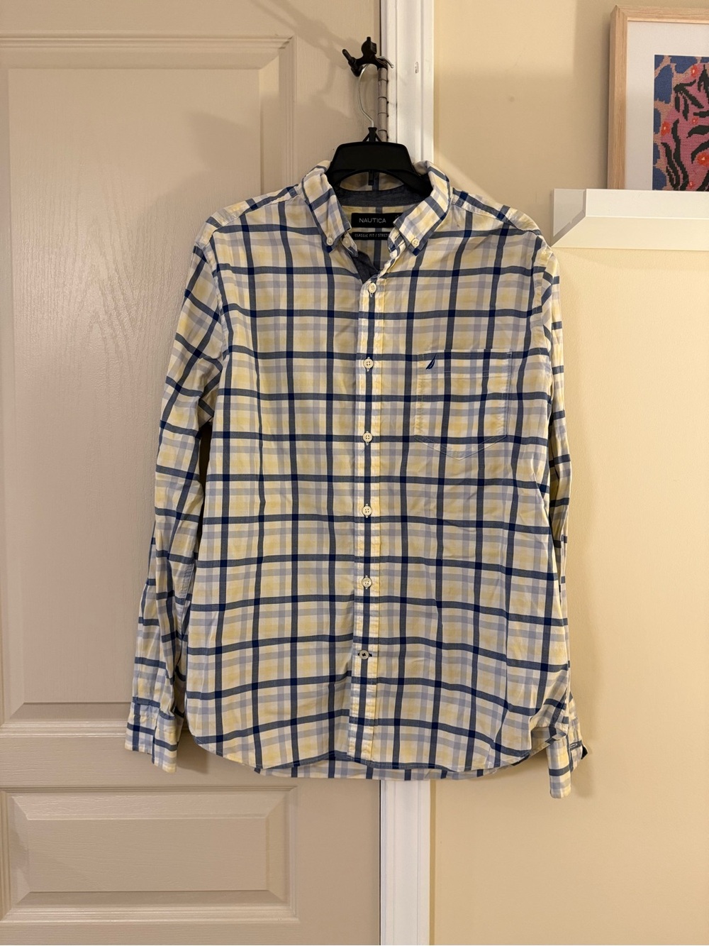Nautica Men’s Yellow and Blue Plaid Button-Down Shirt